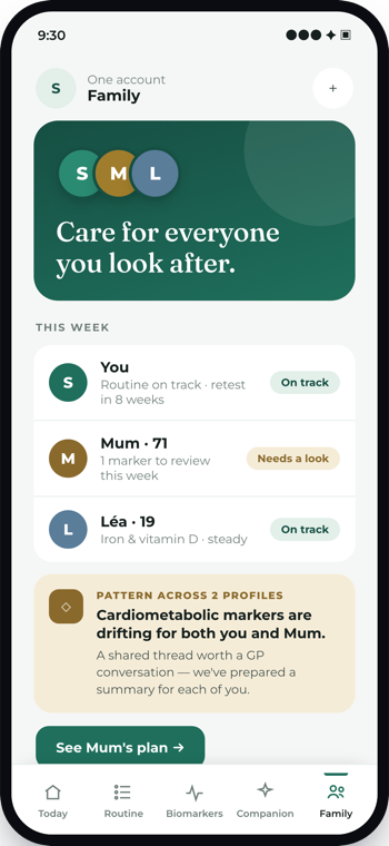 Henova app — Family overview screen