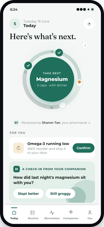 Henova app — Today screen